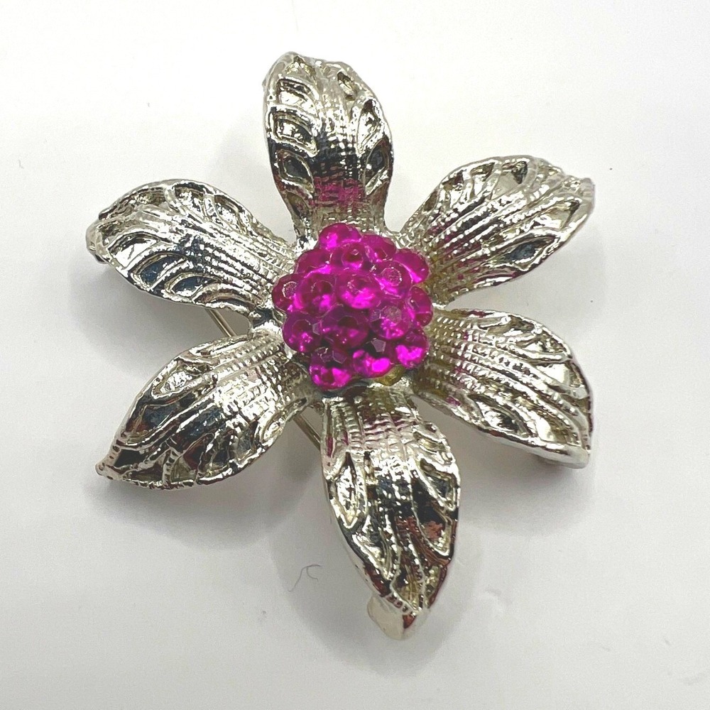 Flower Brooch Pink Crystal Center Brushed Silver Tone Pin